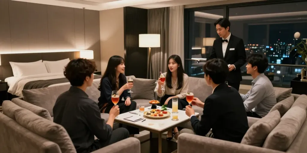 강남구구단 쩜오에서 고급스럽고 아늑한 독립룸의 분위기를 표현하며, 손님들이 대화를 나누는 모습.