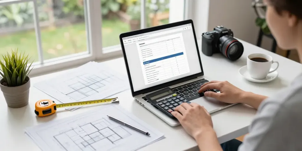 Utilizing a calculator online in a modern home office with natural light.