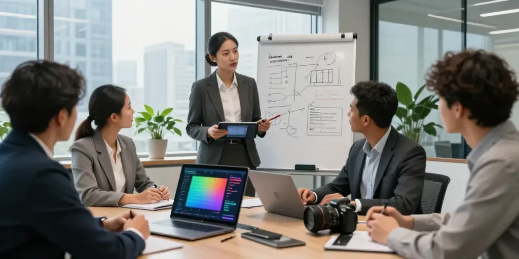 AI meeting transcription displayed on a laptop during a corporate discussion.