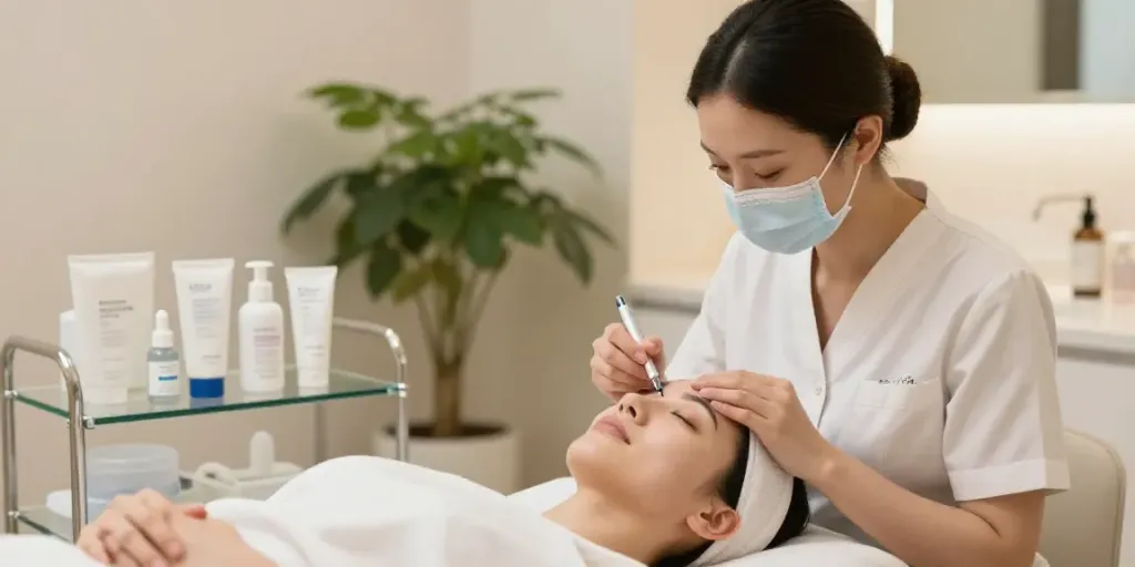 Client receiving CCeye® treatment to effectively Augenringe abdecken in a serene beauty clinic.