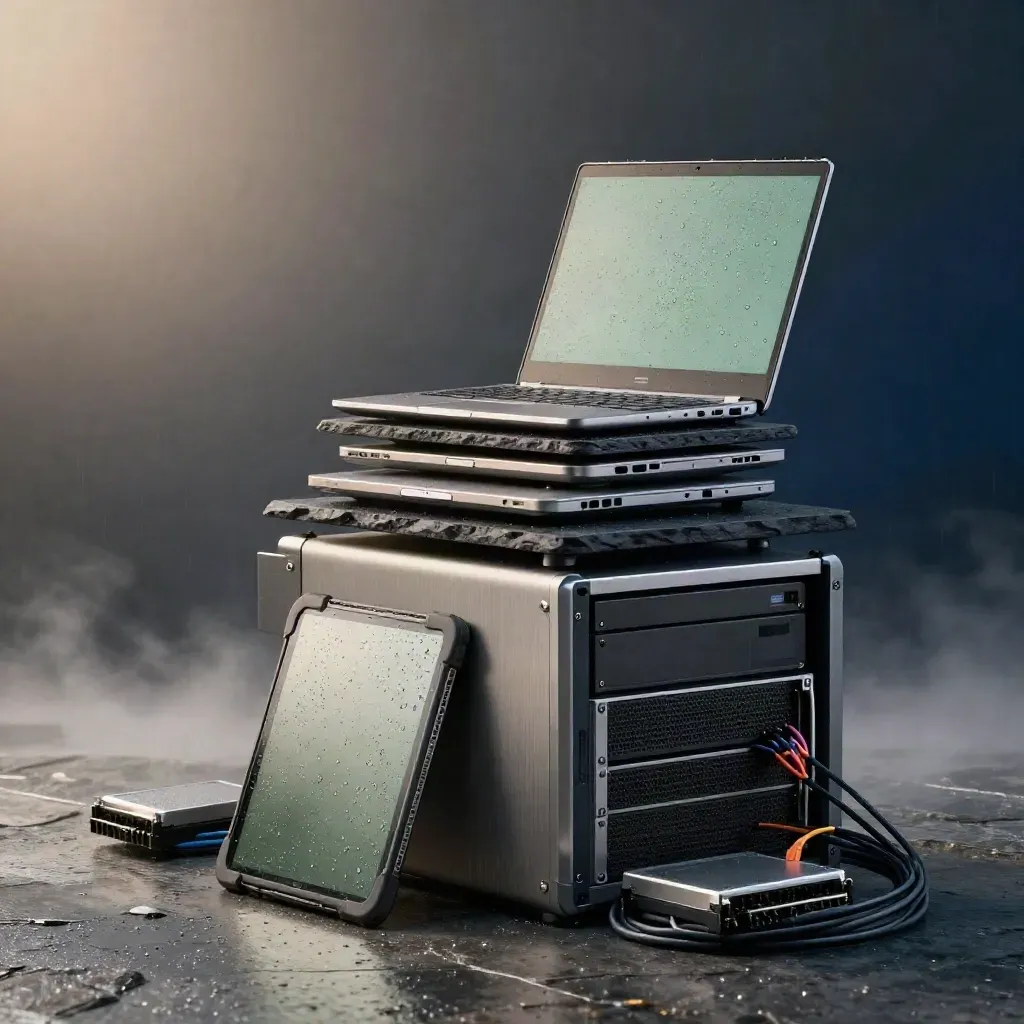 Rain-beaded laptops, tablet, and server hardware on slate plinths in a misty studio hero shot.
