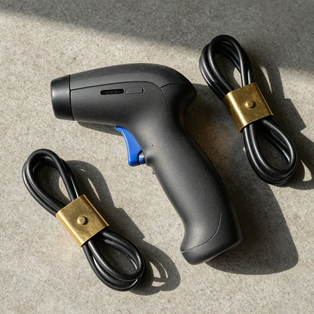 Barcode scanner, brass cargo seal, and cable ties on dusty brushed concrete in a top-down flatlay.