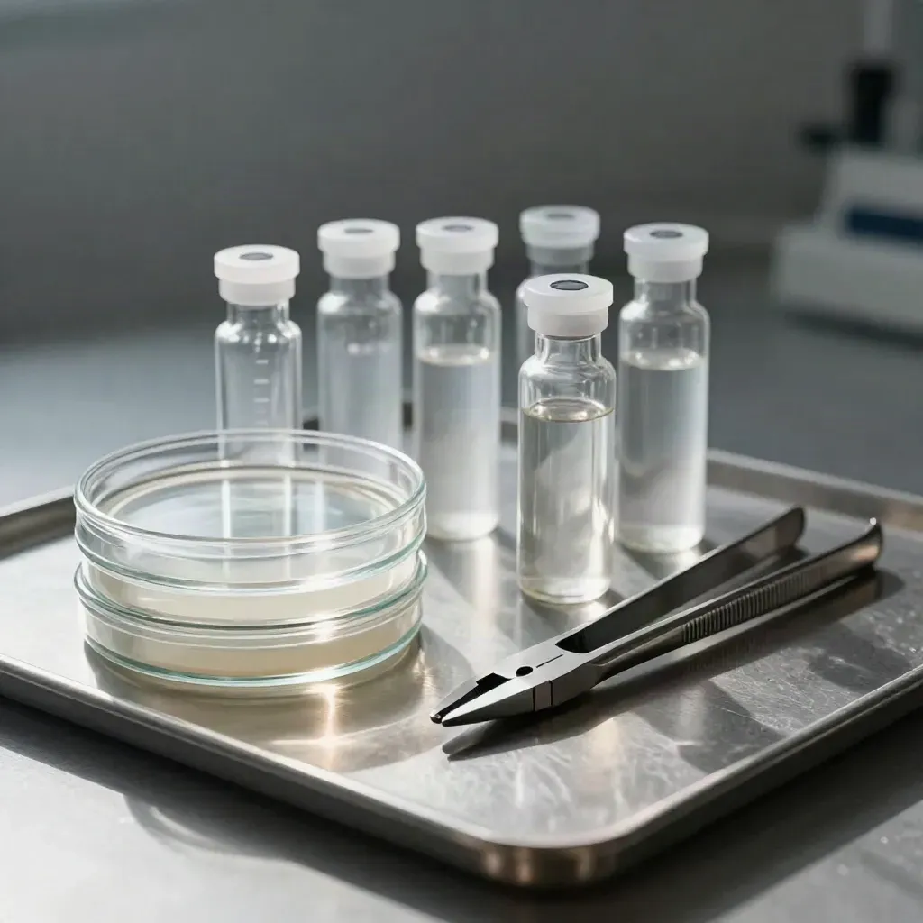 Glass vials, Petri dish stack, and forceps on brushed metal in dramatic lab light.