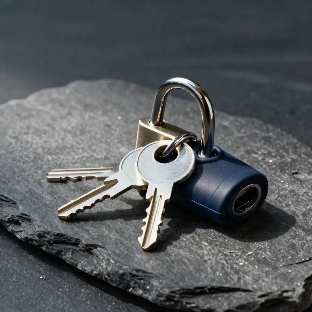 USB security token, steel padlock and key blanks on dark stone in dramatic light