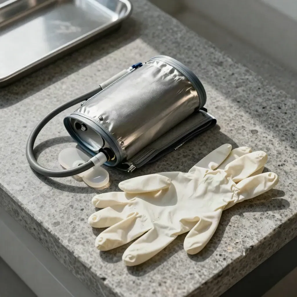 Blood-pressure cuff, pulse-ox clip, and nitrile gloves arranged on honed stone.
