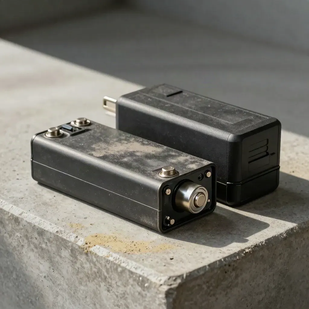Worn battery pack beside a charging brick and replacement cell on a concrete service bench.
