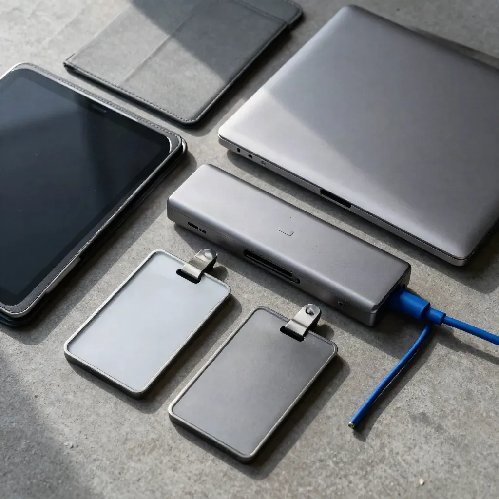 Top-down still life of a closed laptop, tablet folio, dock, and face-down ID plates on concrete.