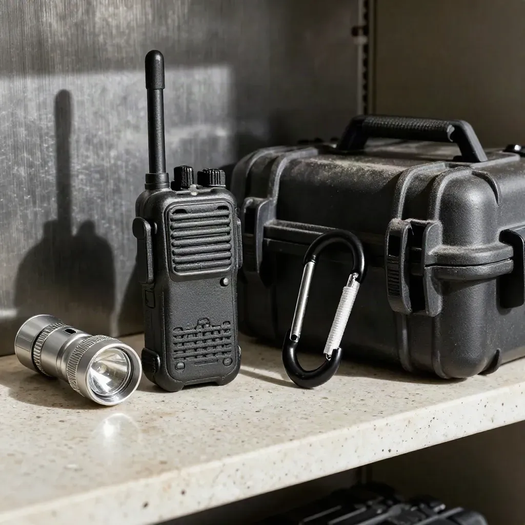 Rugged radio, flashlight, carabiner and field case on travertine under dramatic workshop light.