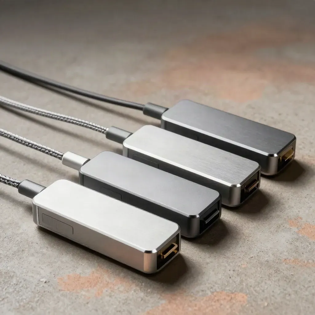 Three endpoint docks and charging cables arranged diagonally on concrete with soft mist