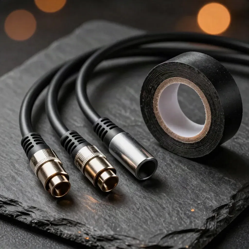 XLR cable, headphone adapter, and black gaffer tape on slate in a macro flatlay.