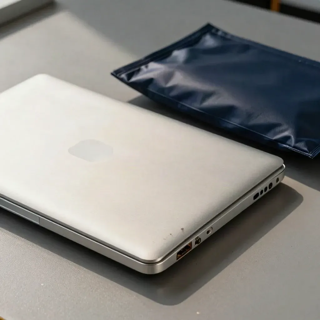 Laptop shell, worn drive sled, and anti-static pouch on graphite surface in soft daylight