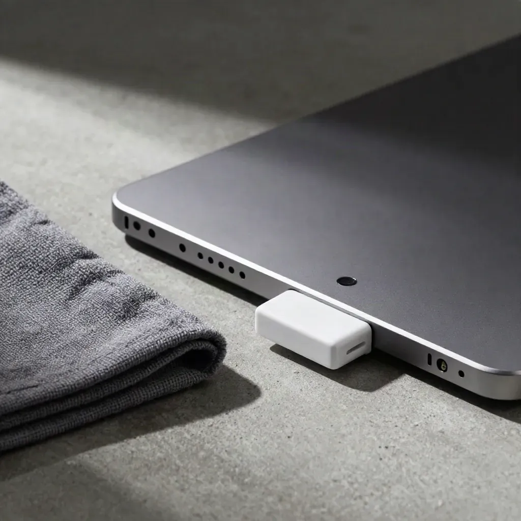 Closed tablet, charging puck, and folded microfiber cloth on concrete in dramatic side light.