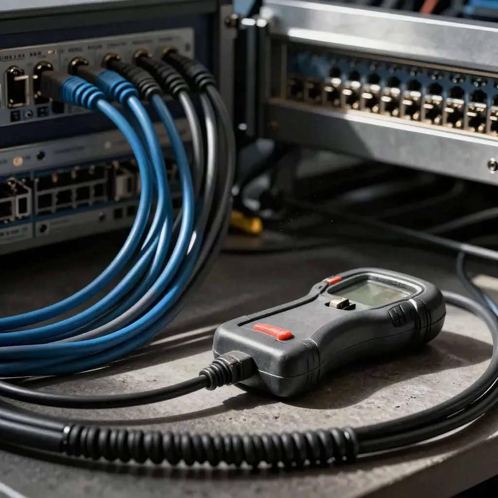 Patch cables and tester in a dim service bay, seen through a foreground coil.