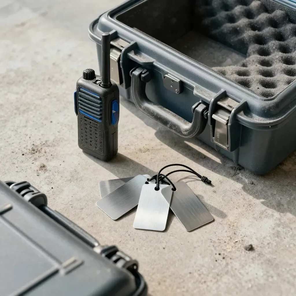 Rugged radio, hard-shell case and blank metal tags on dusty concrete with a blue accent.