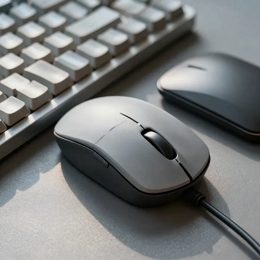 Macro of a mouse, worn keyboard corner, and docked trackpad on graphite.