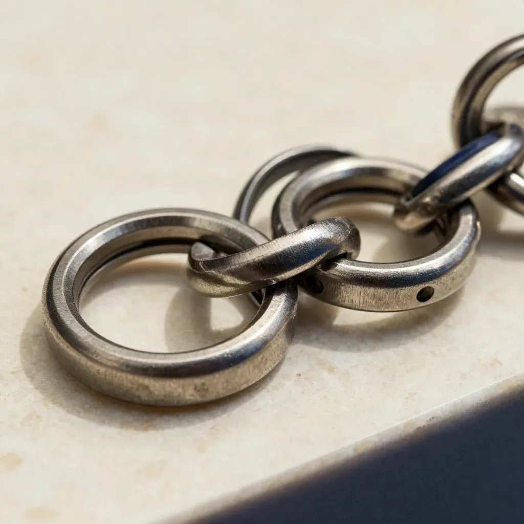 Macro of linked connector rings and precision couplers on a stone surface with navy accent.