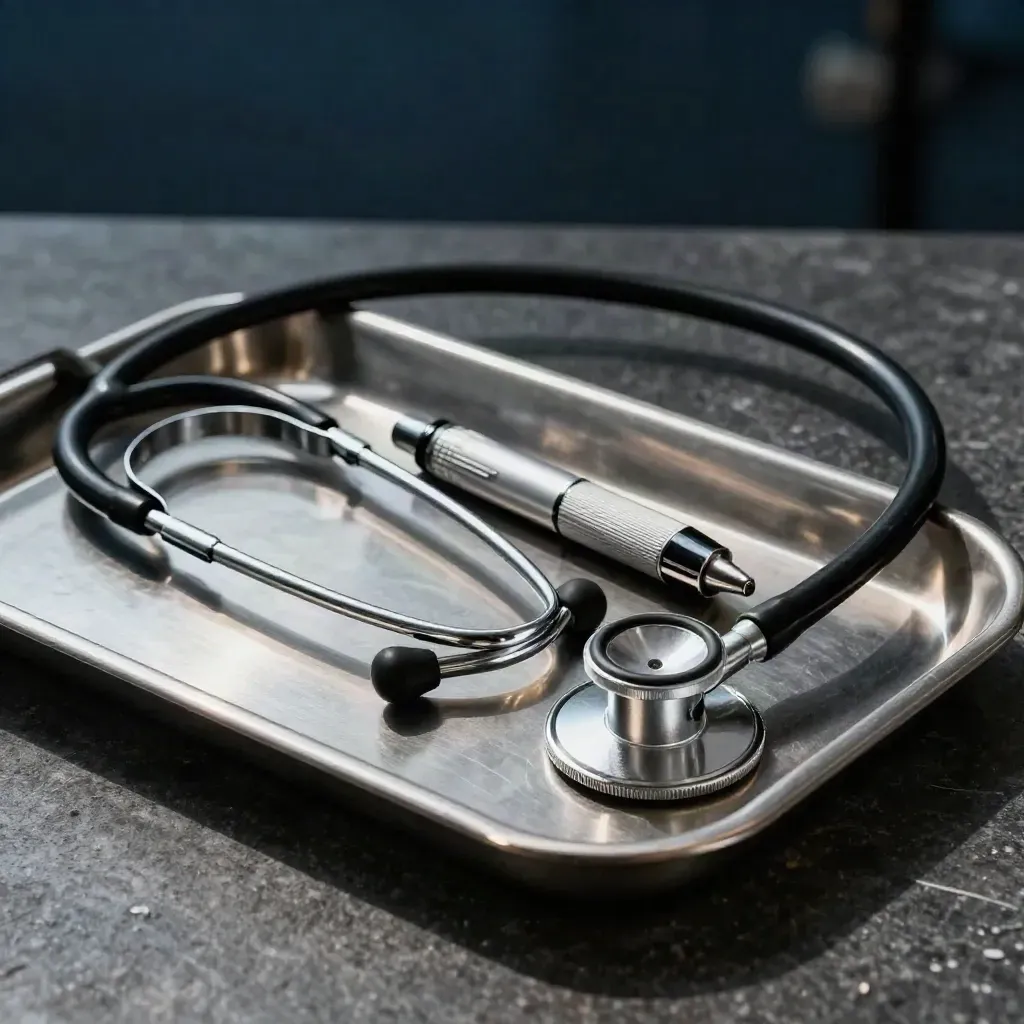 Stethoscope, stainless tray, and diagnostic penlight on dark stone with dramatic clinic lighting