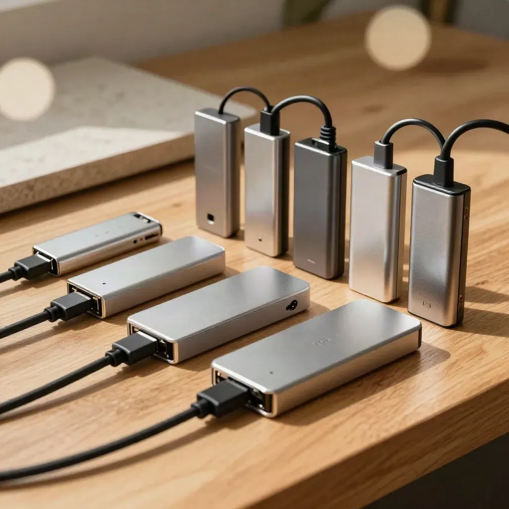Grouped dock adapters and SSD shells on warm wood with a blurred cable in front.
