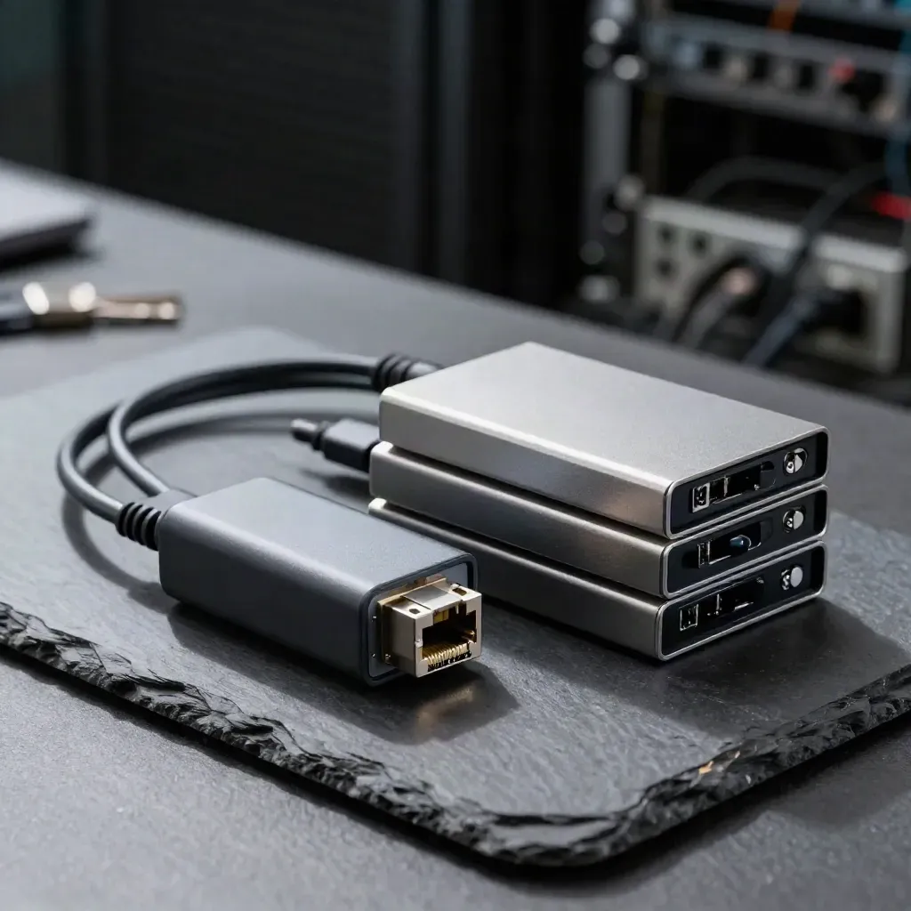 Laptop charger, ethernet adapter and external drives on a slate workbench with dark bokeh lights