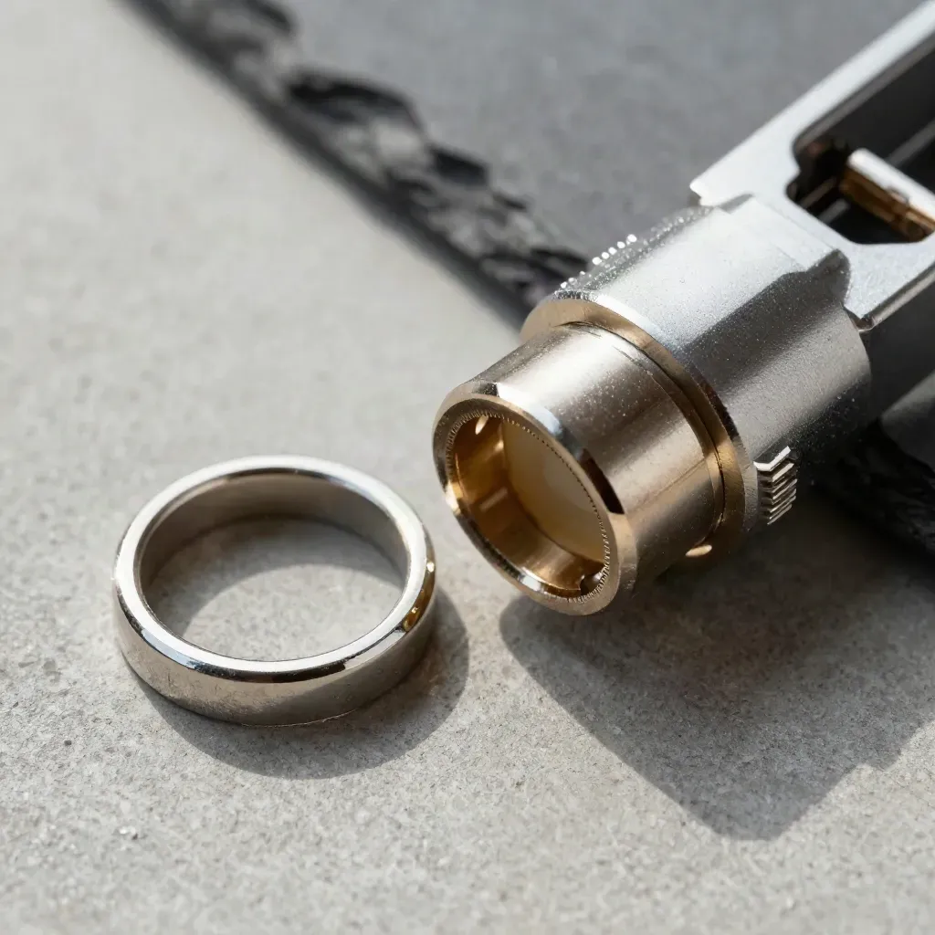 Macro flatlay of a fiber connector, split rings, and machined clamp on cool concrete grey.