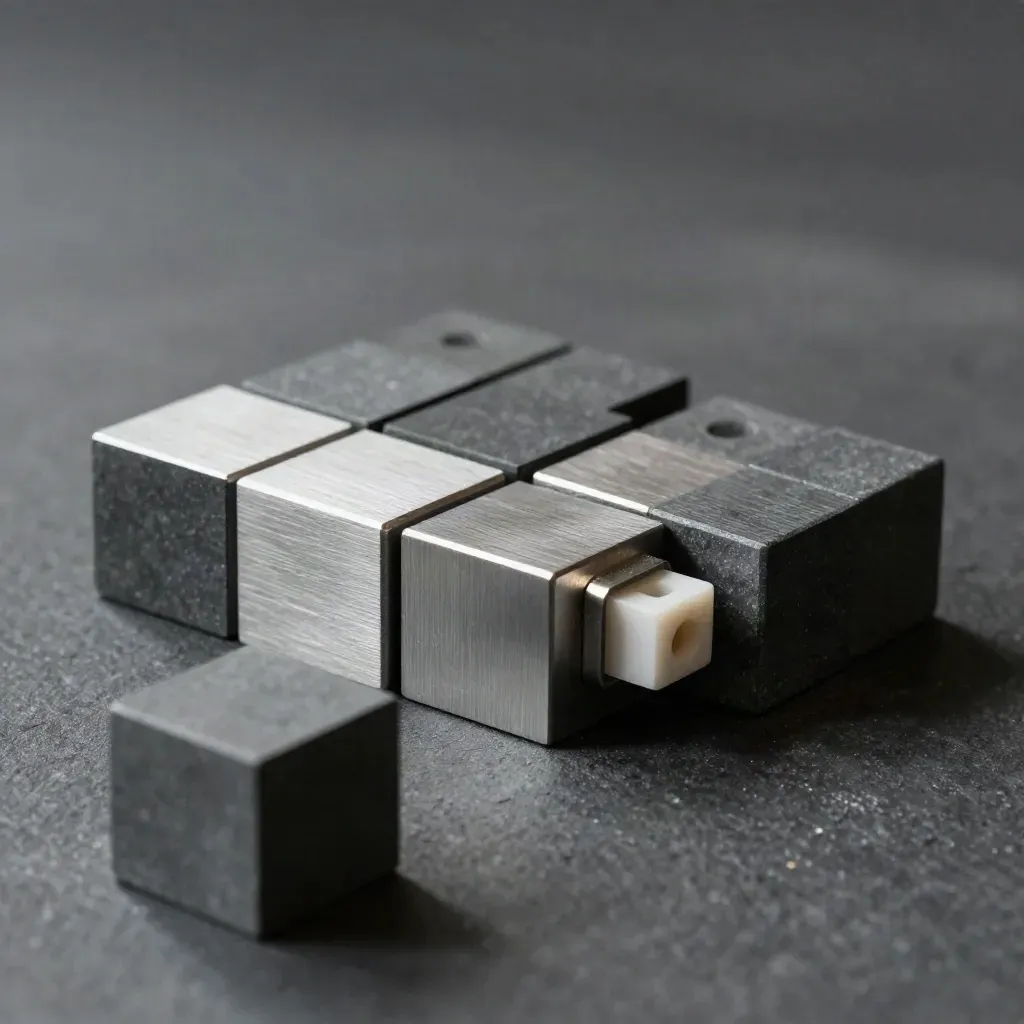 Graphite modular blocks and metal joiner on dark stone, softly lit with shallow focus.