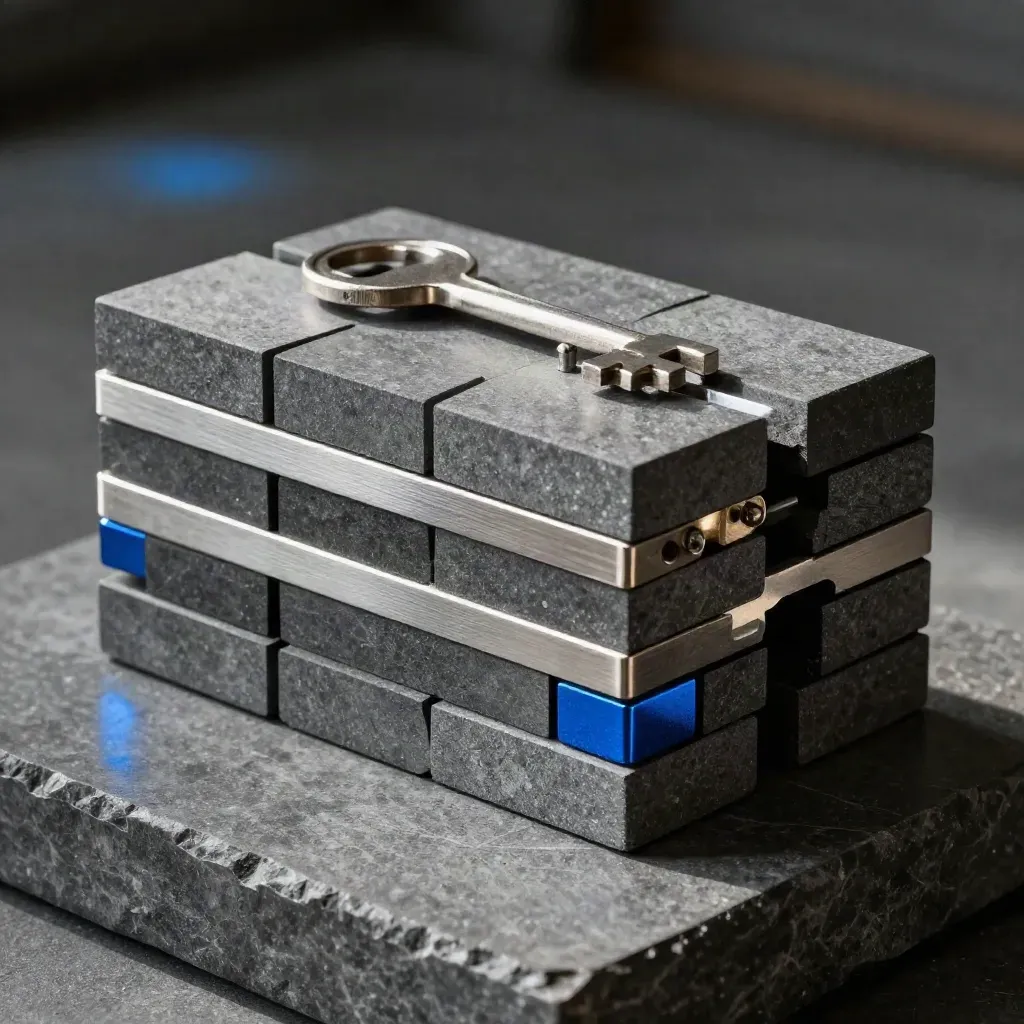 Graphite modular blocks and alignment pins stacked dramatically on a dark stone plinth with blue accent