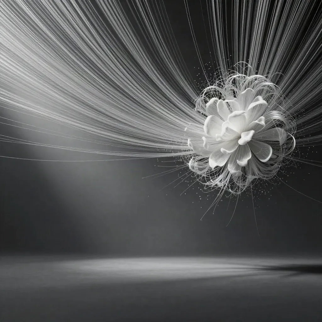 Silver filaments converge into a white bloom in graphite haze, with drifting motes.