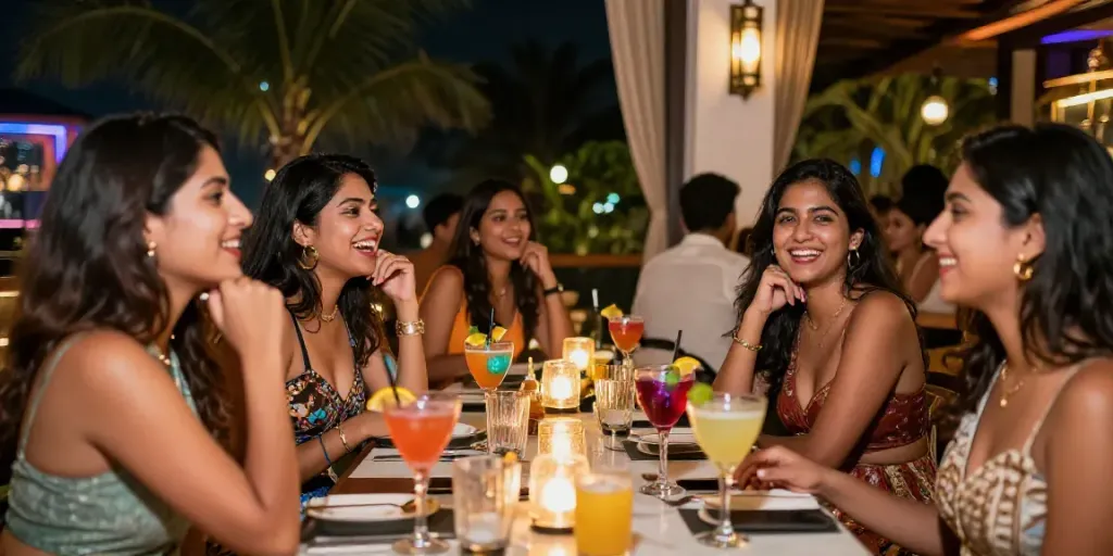 Call girls in Goa enjoying a vibrant nightlife scene at a luxury restaurant