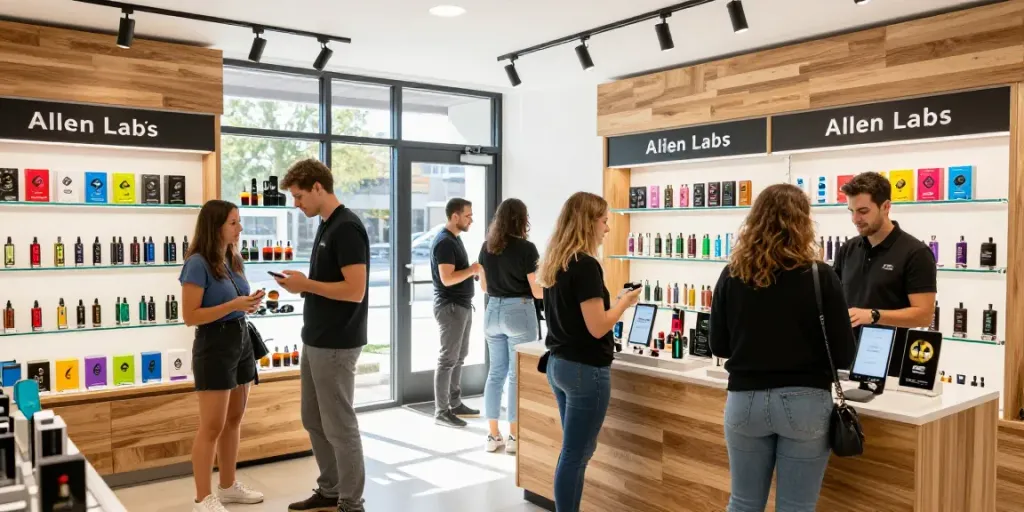 Alien Labs carts showcased in a lively cannabis retail setting with engaged customers.