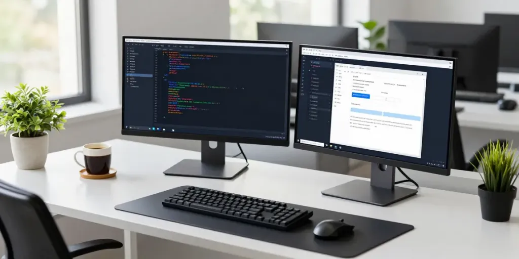 Programmer coding with Notepad++ in a modern workspace